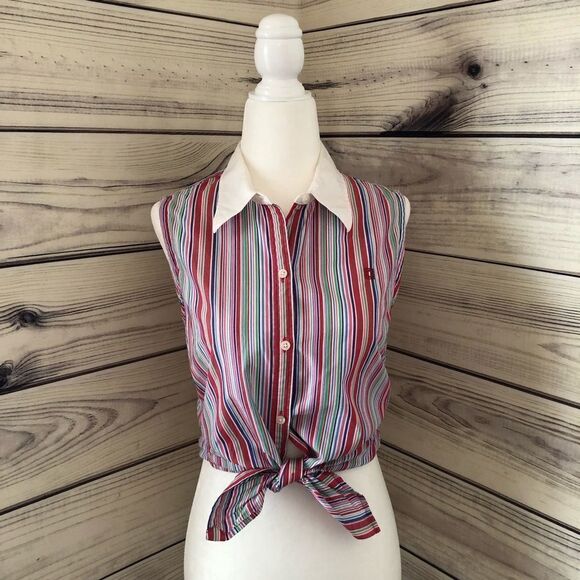 Tops - Striped Button Down Collar Sleeveless Shirt
